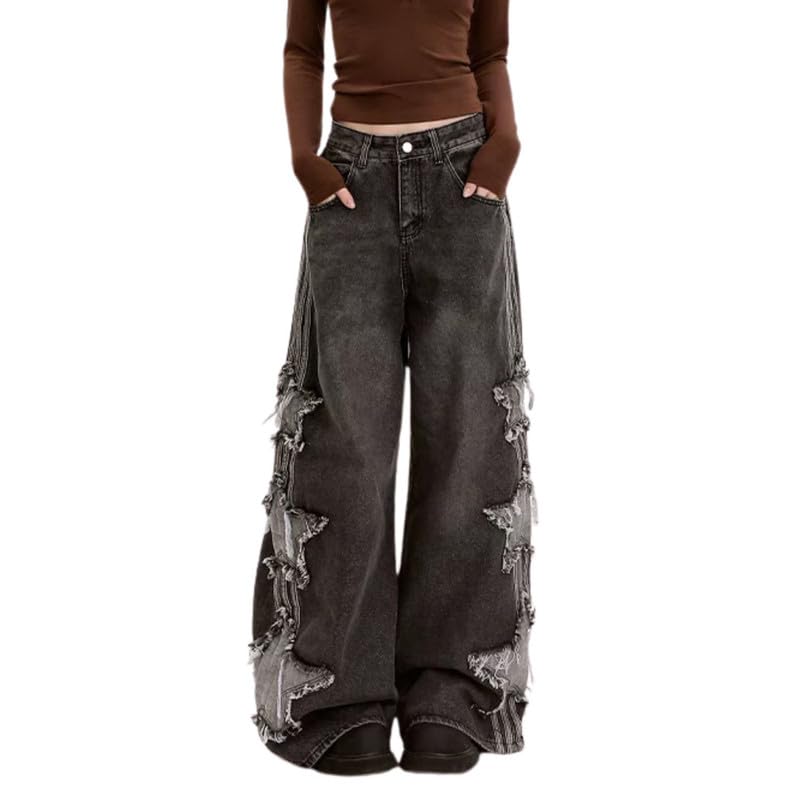 PEAINJ Star Jeans for Women Girls Baggy Cute Patchwork Denim Pants Y2k High Waisted Jeans Grunge Aesthetic Clothes Black-XS - Image 1