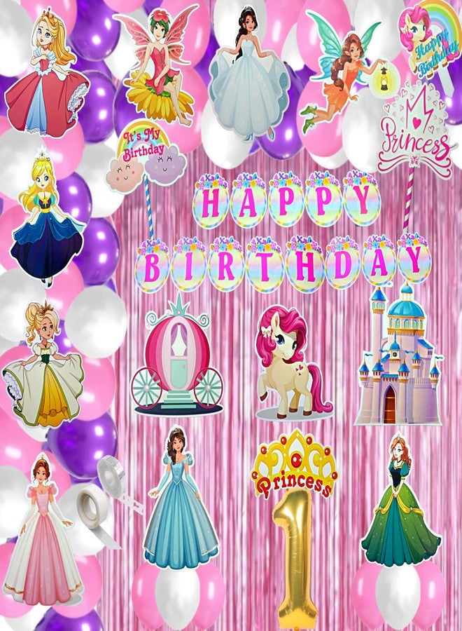 FI - FLICK IN 72 pcs 1st Birthday Decoration for Girls Curtain Backdrop Pumpkin Car Castle Cutouts 1st Birthday Princess Decoration for Girls Elsa Bday Theme Decorations (Pack of 72, Multicolor) - Image 1
