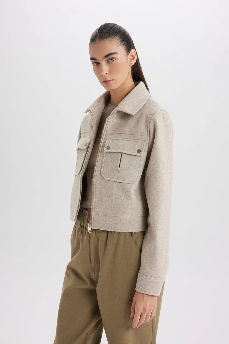 Defacto  Regular Fit Polo Collar Zippered Short Cachet Jacket for Women | Best Price UAE