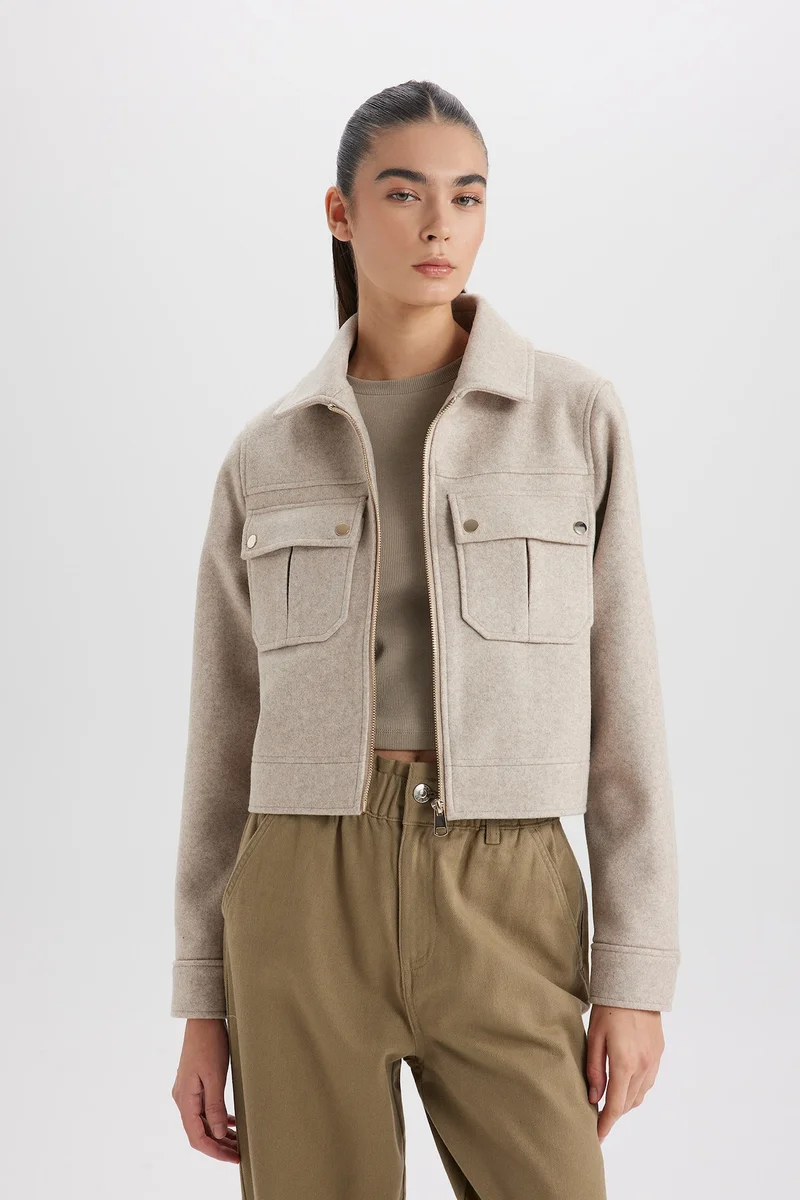Defacto  Regular Fit Polo Collar Zippered Short Cachet Jacket for Women | Best Price UAE