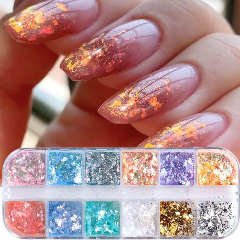 12 Grids Opal Chunky Glitter Powder Mixed Fire Flakes Mermaid Iridescent Holographic Nail Sequins Flakes Pearl Shell Shimmer Glimmer for Nail Art Christmas