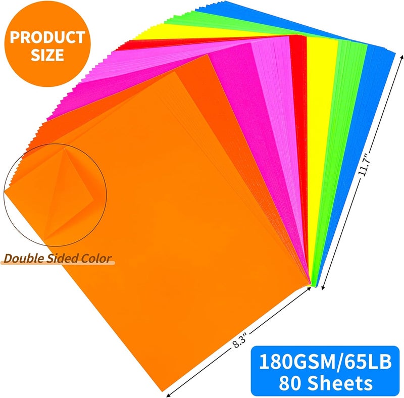 PENPRIS 80 Sheets Fluorescent Coloured Cardstock - 8 Colours Craft Construction Paper, A4 Size 65lb/180gsm Bright Colour Card Paper for Printers, Card Making, Invitations, Scrapbooking PAC07 - Image 2