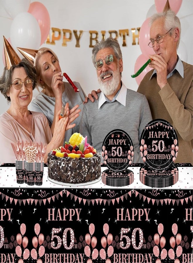GalaHub 193 Pcs 50th Birthday Party Supplies for 24 Guests, Rose Gold Disposable Tableware Set with Plates Tablecloth Napkins Cups, 50th Birthday Decorations for Women - Image 5