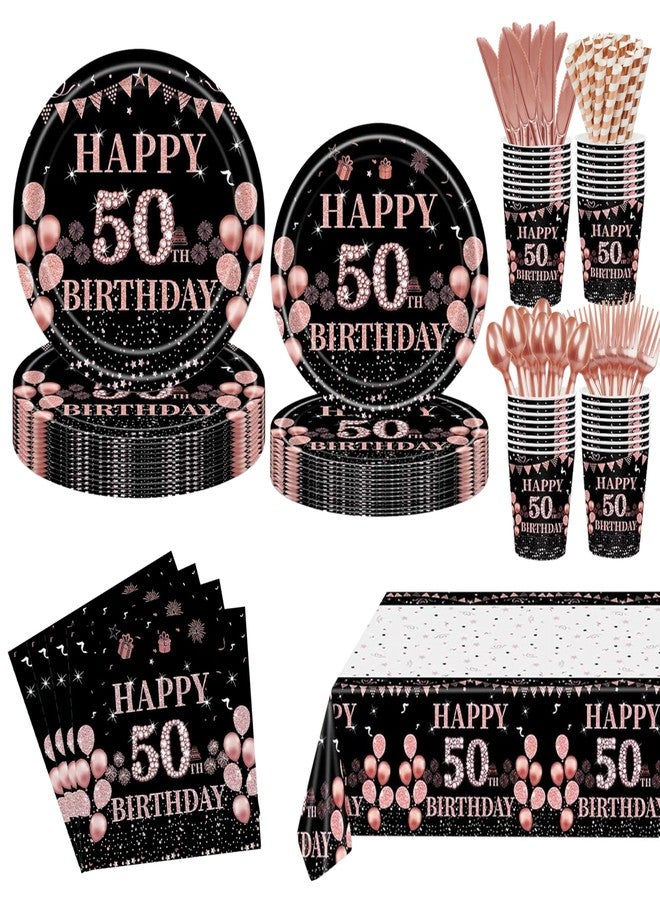 GalaHub 193 Pcs 50th Birthday Party Supplies for 24 Guests, Rose Gold Disposable Tableware Set with Plates Tablecloth Napkins Cups, 50th Birthday Decorations for Women - Image 1