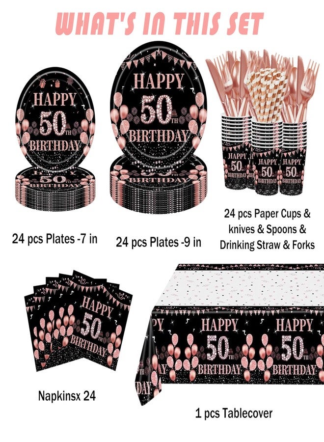 GalaHub 193 Pcs 50th Birthday Party Supplies for 24 Guests, Rose Gold Disposable Tableware Set with Plates Tablecloth Napkins Cups, 50th Birthday Decorations for Women - Image 2
