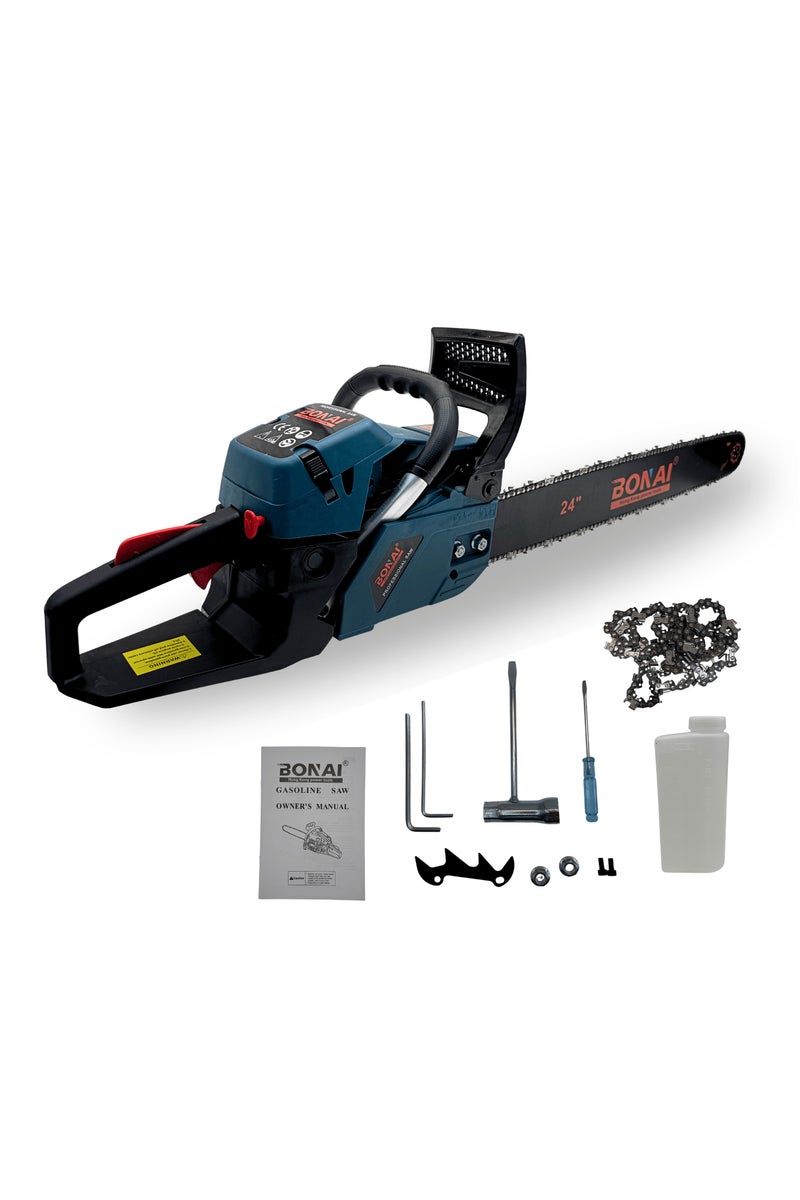 BONAI BN-HK67-24 Gasoline Chainsaw 58cc 2.4kW – 24” Bar, 2-Stroke Engine, Heavy Duty Wood Cutter for Tree Trimming, Forestry, DIY and Outdoor Work - Image 1