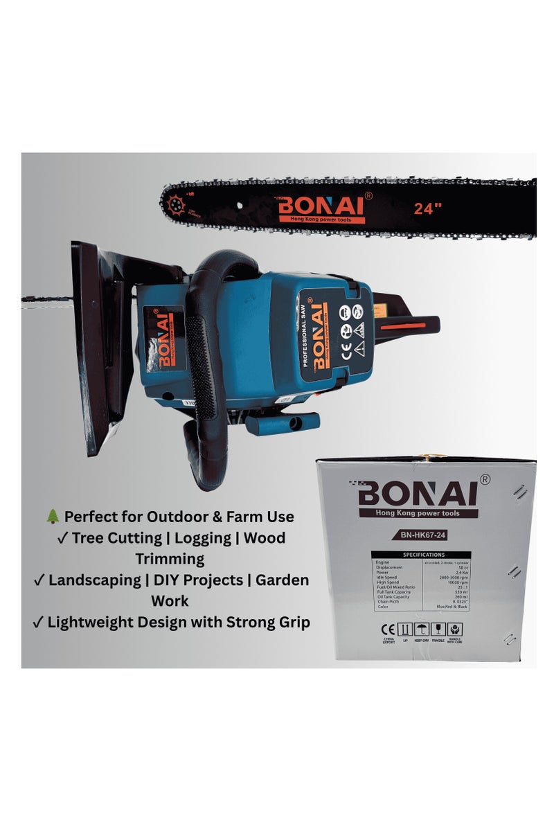 BONAI BN-HK67-24 Gasoline Chainsaw 58cc 2.4kW – 24” Bar, 2-Stroke Engine, Heavy Duty Wood Cutter for Tree Trimming, Forestry, DIY and Outdoor Work - Image 4
