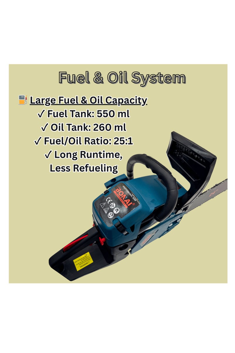 BONAI BN-HK67-24 Gasoline Chainsaw 58cc 2.4kW – 24” Bar, 2-Stroke Engine, Heavy Duty Wood Cutter for Tree Trimming, Forestry, DIY and Outdoor Work - Image 5