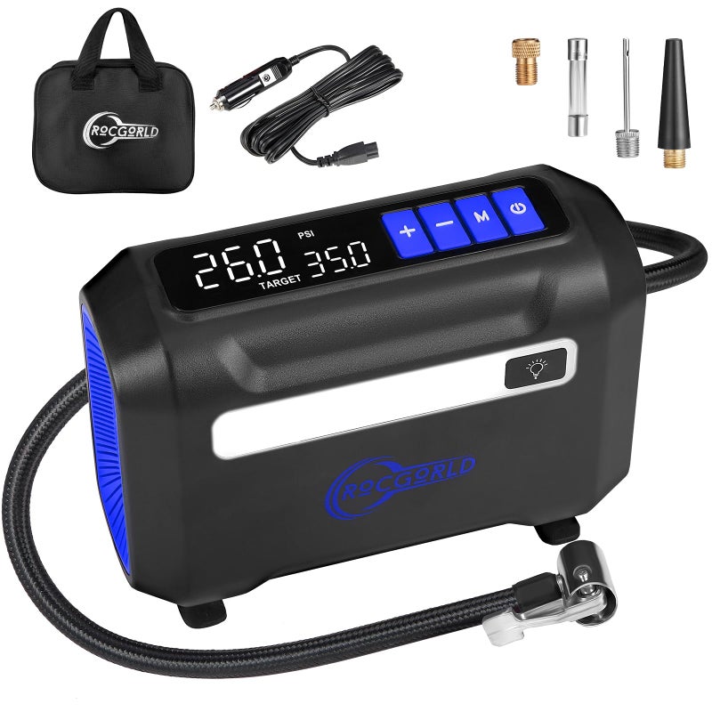 ROCGORLD R8 Tire Inflator Portable Air Compressor, DC 12V Air Compressor Portable with Large Dual Digital Screen, 3X Faster Inflation Air Pump for Car, Bike, Ball, Motor (Blue) - Image 1