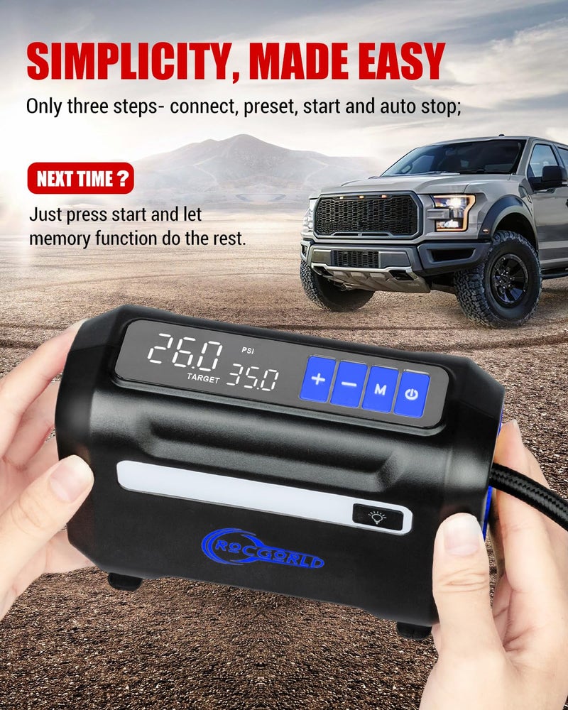 ROCGORLD R8 Tire Inflator Portable Air Compressor, DC 12V Air Compressor Portable with Large Dual Digital Screen, 3X Faster Inflation Air Pump for Car, Bike, Ball, Motor (Blue) - Image 4