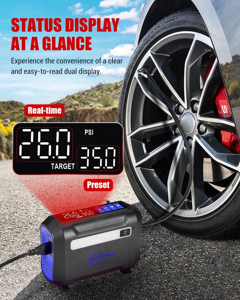 ROCGORLD R8 Tire Inflator Portable Air Compressor, DC 12V Air Compressor Portable with Large Dual Digital Screen, 3X Faster Inflation Air Pump for Car, Bike, Ball, Motor (Blue) - Image 3