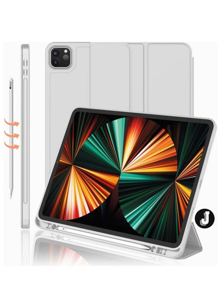 JAJEEK "iPad Pro 12.9 Case (2022/2021, 6th/5th Gen) with Pencil Holder – Trifold Stand, Auto Wake/Sleep, Soft TPU Back, Supports 2nd Gen Pencil Charging, Silver Gray" - Image 1
