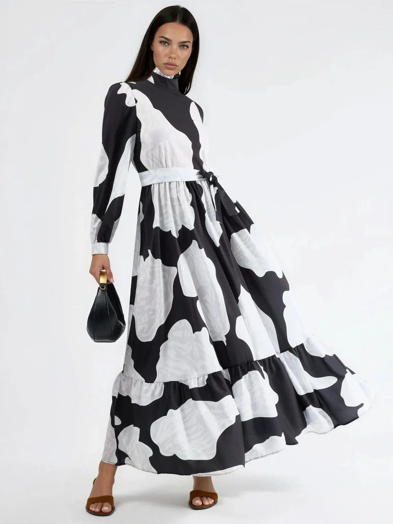 جينيفر Maxi Dress with Tie Detail and Half Turtleneck