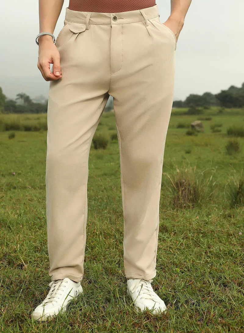 Campus Sutra Men's Khaki Beige Velvique Tailored Trousers