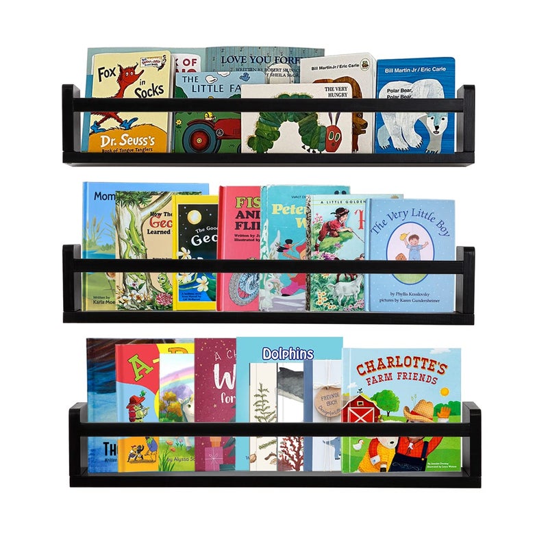 AZSKY Classic Nursery Book Shelves Black Wooden Floating Shelves Wall Bookshelf for Bathroom Decor Kitchen Spice Rack Organizer Kids Room 24 Inch Set of 3