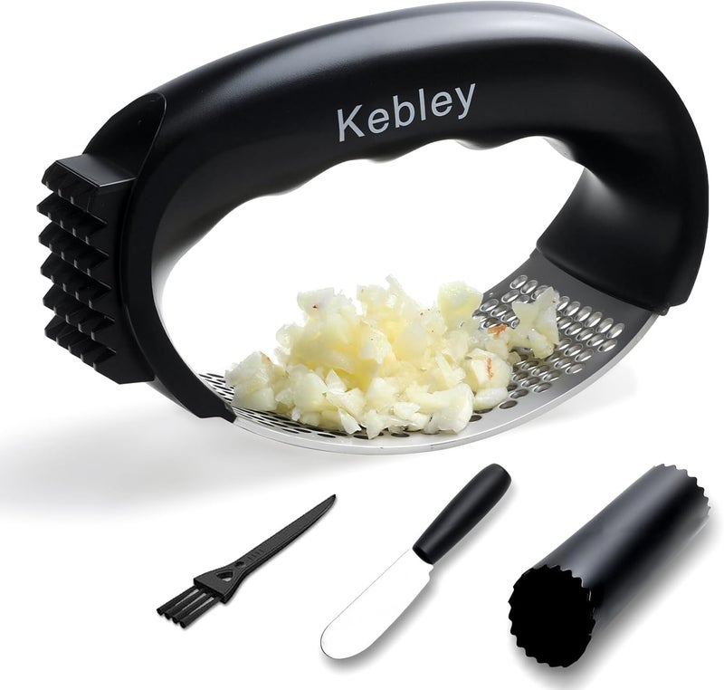 Kebley Garlic Press Rocker Stainless Steel Garlic Crusher, Mincer and Chopper with Peeler and Scraper,brush, Easy Kitchen Gadget for Effortless Smashing - Image 1