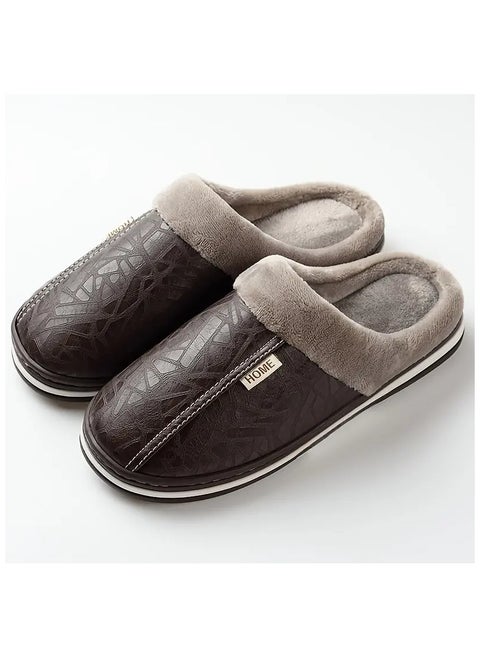 Leather slippers lined with fur for use at home for autumn and winter, waterproof and anti-slip home slippers with a soft thick fur floor, warm for the bedroom, brown