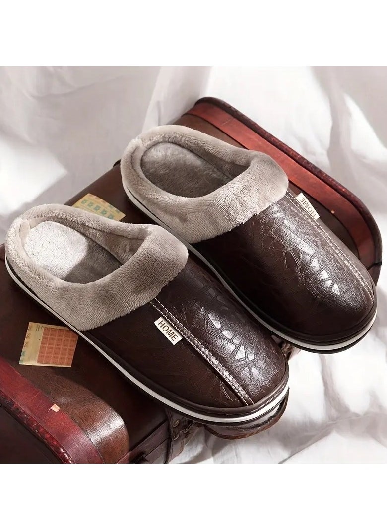 Leather slippers lined with fur for use at home for autumn and winter, waterproof and anti-slip home slippers with a soft thick fur floor, warm for the bedroom, brown