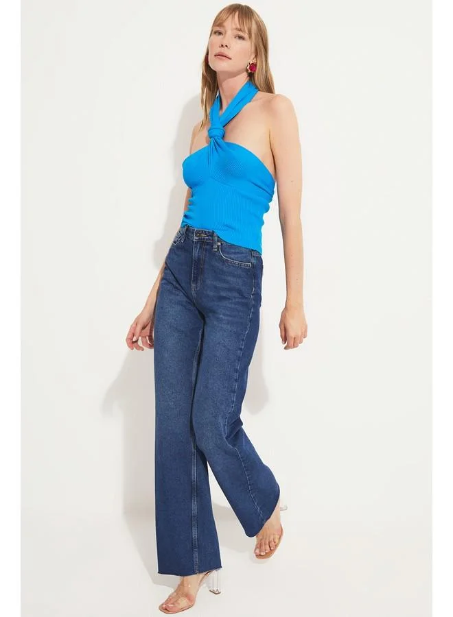جون June Knitted Tie Detailed Tank Top Blue