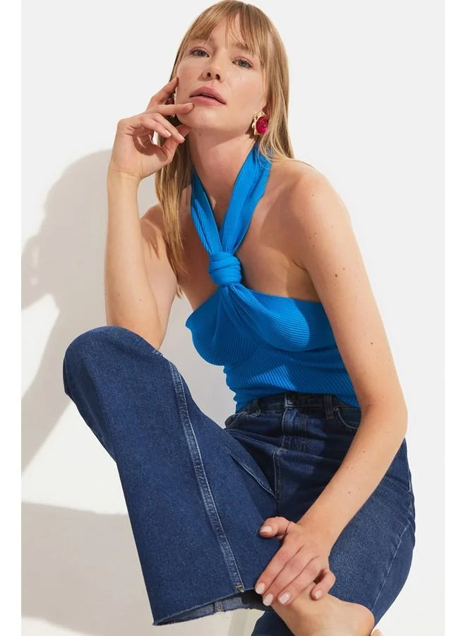جون June Knitted Tie Detailed Tank Top Blue