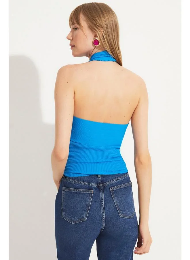 جون June Knitted Tie Detailed Tank Top Blue
