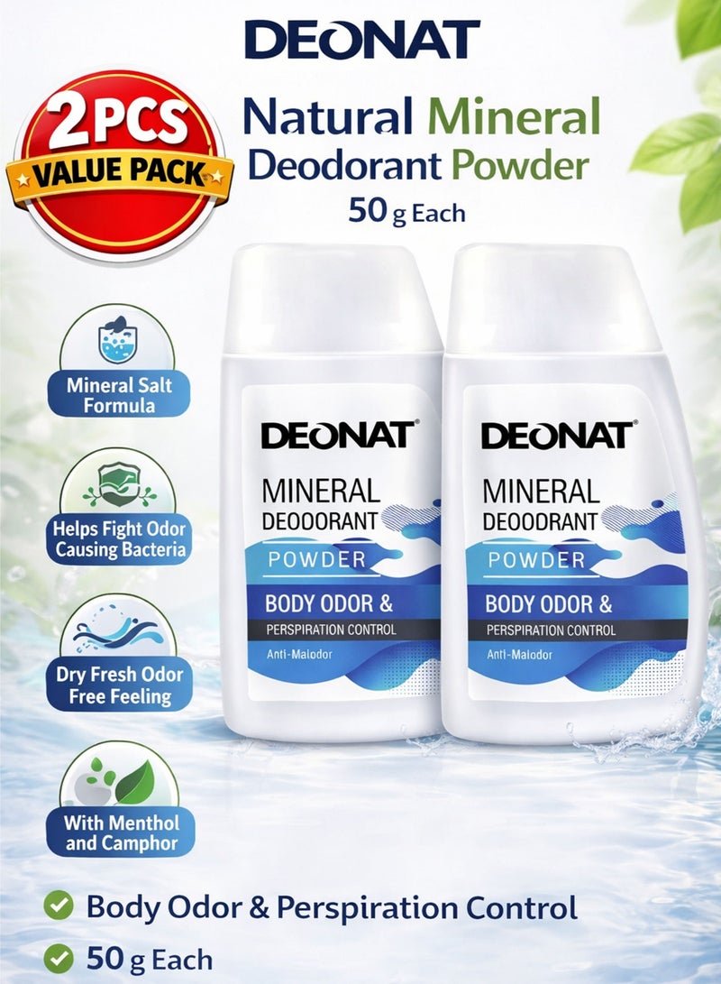 ديونات عبوة 2 ديونات مسحوق مزيل عرق طبيعي 50 جرام لكل عبوة ألوم للتحكم في رائحة الجسم والتعرق مضاد للبكتيريا يمنح إحساس جاف ومنعش بدون آثار بيضاء وخالي من المواد الضارة للرجال والنساء عبوة اقتصادية - Image 1