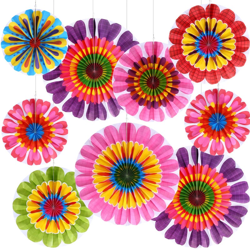 Outus Flower Hanging Decorations Fall Paper Fans Classroom Ceiling Wall Decor Colorful Bloom Paper Fan for Wedding Birthday Birthday Party Supplies(9 Pcs,Spring Flower) - Image 1