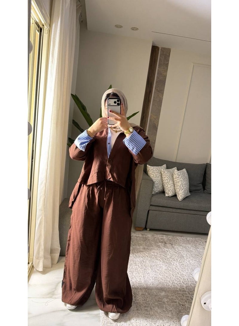 Women's Two-Piece Striped Casual Set: Layered Shirt with a Modern Design, Imported Treated Linen Fabric, Comfortable for Outings, University, and Travel, One Size Fits Up to 85 kg, Code 4078 - Image 5