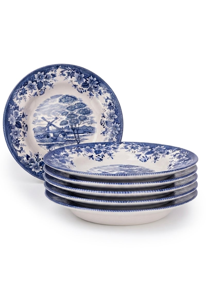 Claytan Earthenware Classic Blue Windmill & Floral Pattern Soup Pasta Plate, 9.2 Inch, White (Set of 6) | Premium Soup & Pasta Bowl Plate for Noodles,Curry, Risotto & Salads|Vintage Tableware for Home - Image 1