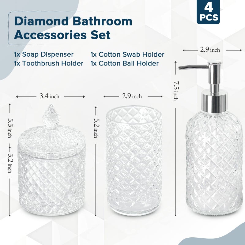 RYTOXILO Bathroom Accessories Set, 4 Pack Clear Glass Bath Accessory Sets Complete, Diamond Soap Dispenser and Toothbrush Holder Set for Bathroom Counter Organizer Essentials, Modern Bathroom Decor - Image 2