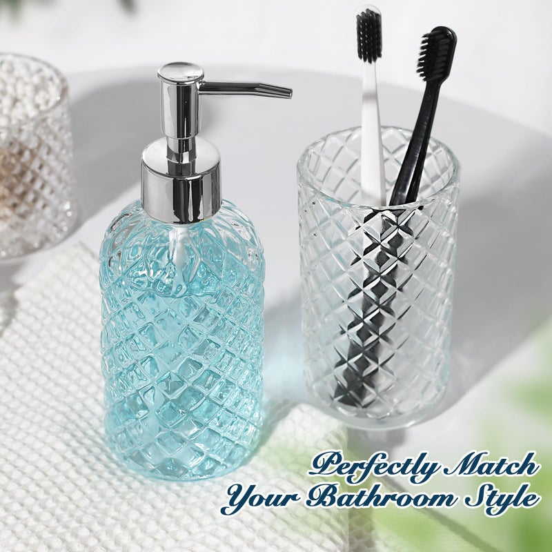 RYTOXILO Bathroom Accessories Set, 4 Pack Clear Glass Bath Accessory Sets Complete, Diamond Soap Dispenser and Toothbrush Holder Set for Bathroom Counter Organizer Essentials, Modern Bathroom Decor - Image 4