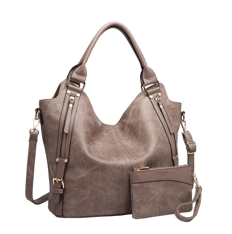 ITSCOSY Women Tote Bag Handbags PU Leather Fashion Hobo Shoulder Bags with Adjustable Shoulder Strap, L,Khaki - Image 1