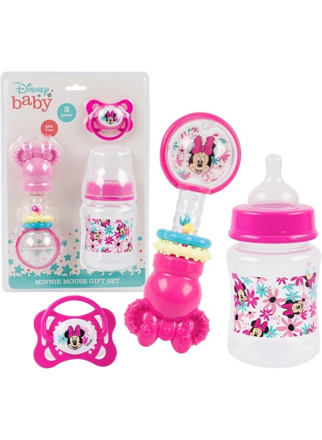 Cudlie Disney Baby Girl Minnie Mouse 5 OZ Bottle, Rattle & Pacifier Gift Set
