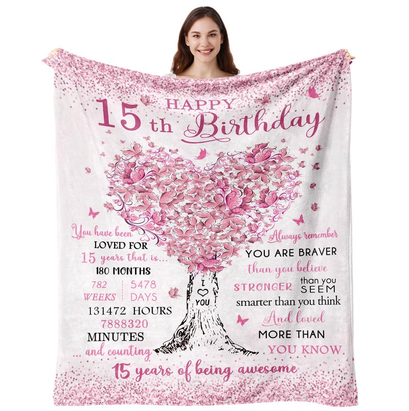 Vuinezo 15 Year Old Girl Gifts Blanket 50"X60", 15th Birthday Decorations for Girls, Quinceanera Gift, 15th Birthday Gifts for Teen Girls, Bday Gift for 15 Year Old Girl, Sweet 15 Bday Decorations - Image 1