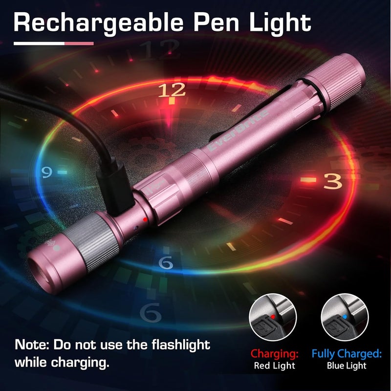 EverBrite Pen Light, Rechargeable Pen Flashlights, 300 Lumens Zoomable LED Small Flashlight with Clip, Memory Function, USB-C Cable Included, Pocket Size for Camping, Emergency, Mechanic, Pink - Image 2
