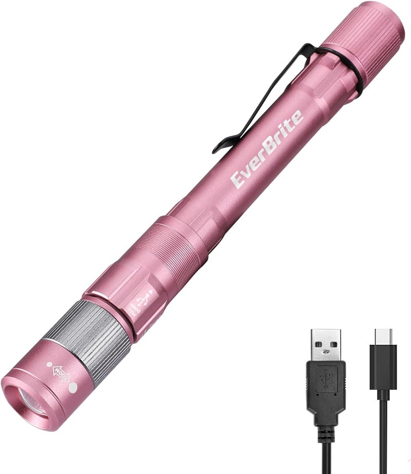 EverBrite Pen Light, Rechargeable Pen Flashlights, 300 Lumens Zoomable LED Small Flashlight with Clip, Memory Function, USB-C Cable Included, Pocket Size for Camping, Emergency, Mechanic, Pink - Image 1
