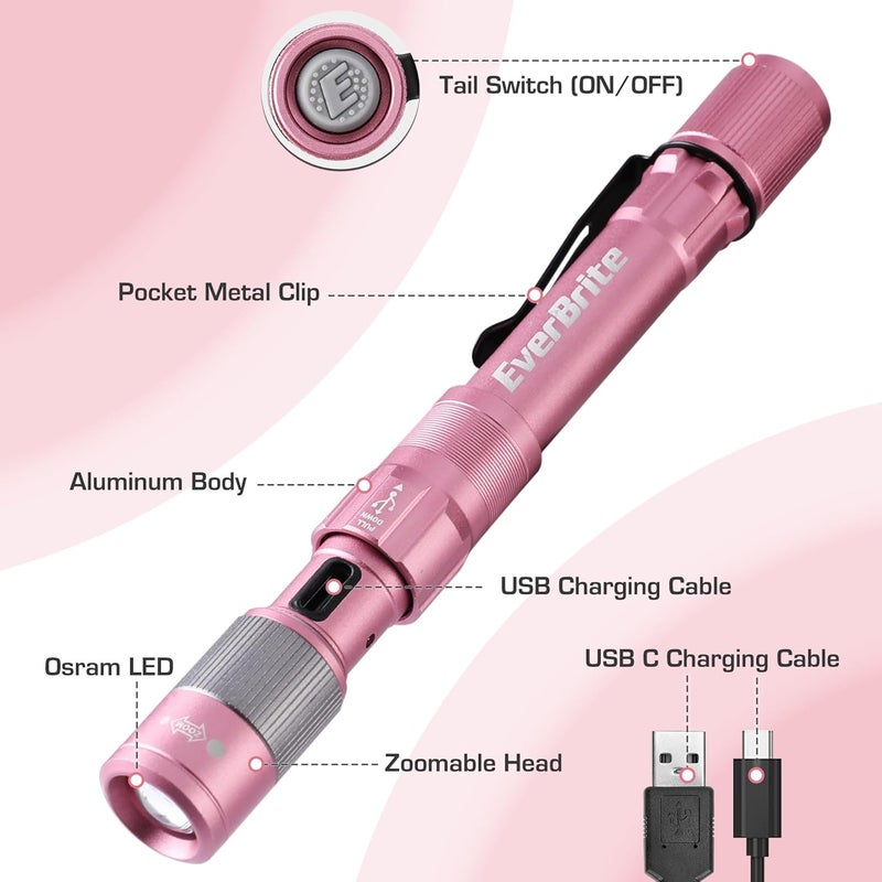 EverBrite Pen Light, Rechargeable Pen Flashlights, 300 Lumens Zoomable LED Small Flashlight with Clip, Memory Function, USB-C Cable Included, Pocket Size for Camping, Emergency, Mechanic, Pink - Image 3