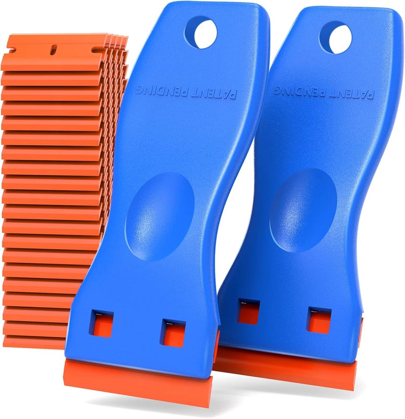 HELEMAN Plastic Razor Blades Scraper Tool - 2 Pack Wall Paint Remover with 100 Pcs Plastic Blades Kit No Scratch Car Window Glass Wood Sticker Removal Floor Stove Kitchen Vinyl Adhesive Decal Tape Cleanings - Image 1