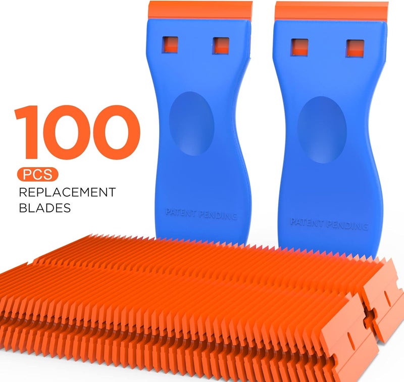 HELEMAN Plastic Razor Blades Scraper Tool - 2 Pack Wall Paint Remover with 100 Pcs Plastic Blades Kit No Scratch Car Window Glass Wood Sticker Removal Floor Stove Kitchen Vinyl Adhesive Decal Tape Cleanings - Image 4