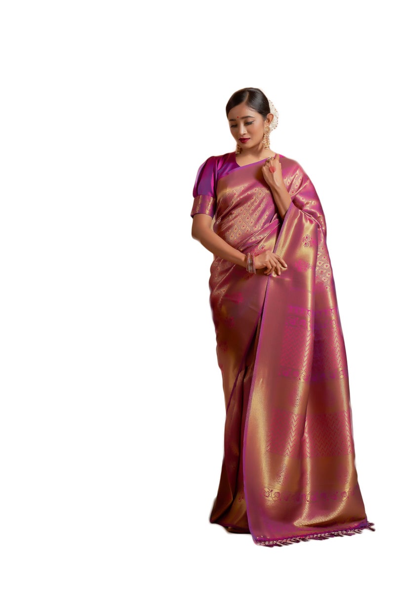 Vardha Women's Kanchipuram Raw Silk Saree with Blouse Piece, Zari Woven, Kanjivaram - Wine Sari Kyra Silk, 356 - Image 1