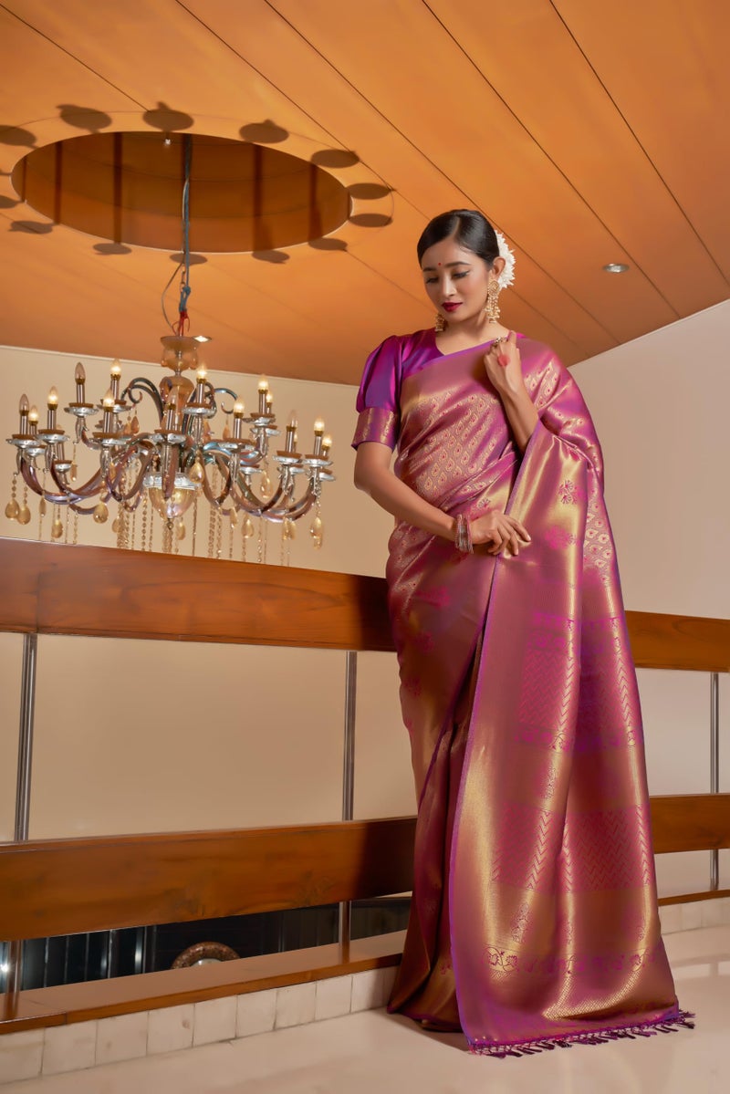 Vardha Women's Kanchipuram Raw Silk Saree with Blouse Piece, Zari Woven, Kanjivaram - Wine Sari Kyra Silk, 356 - Image 2