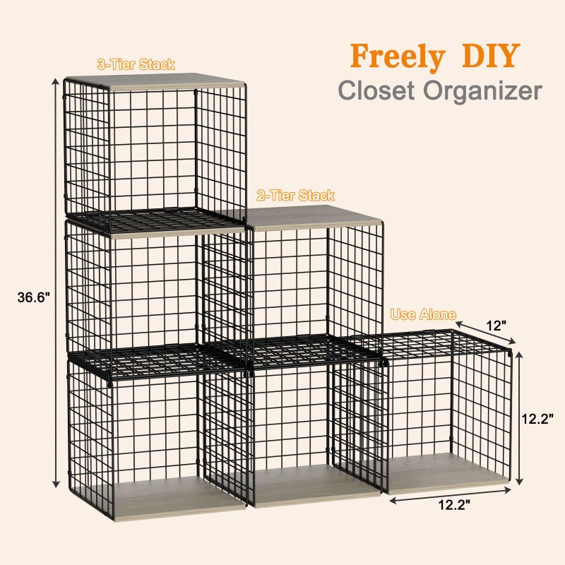 Hencawima 3PCS Stackable Closet Organizers and Storage, Shelves with Wood Top Extra Storage, Clothes Organizer Basket, Bin, or Tube for Wardrobe and Home Organization (Black-Sturdy Metal) Patent Pending - Image 3