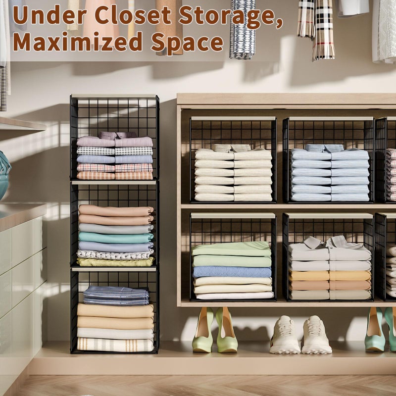 Hencawima 3PCS Stackable Closet Organizers and Storage, Shelves with Wood Top Extra Storage, Clothes Organizer Basket, Bin, or Tube for Wardrobe and Home Organization (Black-Sturdy Metal) Patent Pending - Image 2