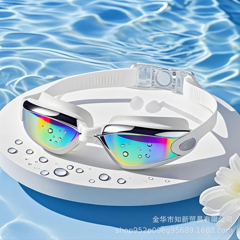 Generic Anti-Fog Waterproof Swimming Goggles with Earplugs Plating White