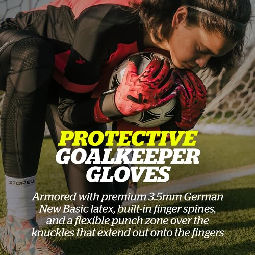 Storelli Lightning Goalkeeper Gloves HighImpact Hand Protection with 5 Builtin Finger Spines German New Basic Latex Wrist Strap Extended Cuff Youth Adults Unisex 1 Pair Red Storm Size7 - Image 3