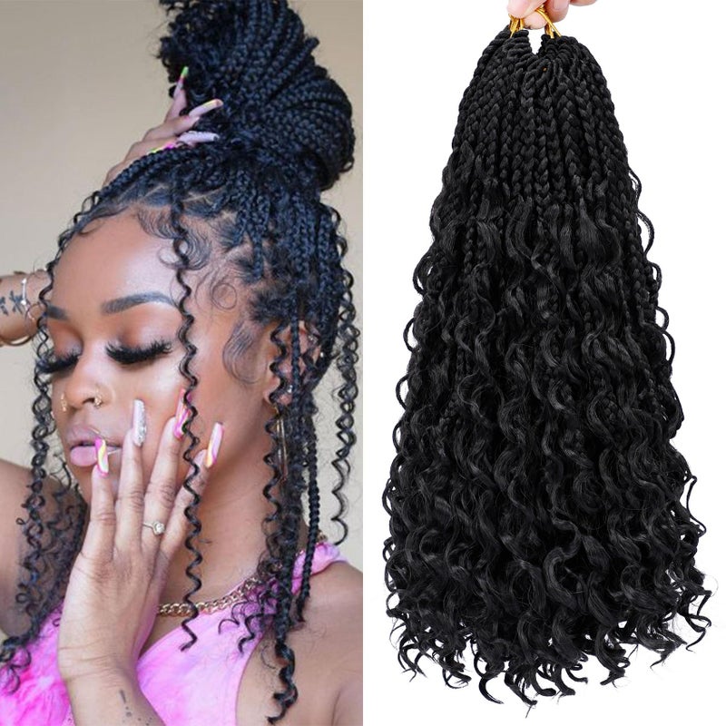 Goddess Box Braids Crochet Hair 14 Inch 8 Packs Prelooped Bohemian Crochet Boho Box Braids With Curly Ends 3X Crochet Braids Synthetic Braiding Hair 14 inch 1B