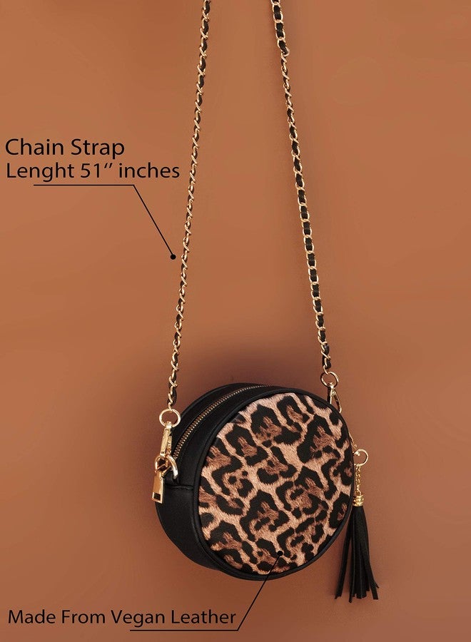 Hoxis Women Round Cross Body Bag Tassel Circle Purse Chain Shoulder Handbag Clutch Wristlet (Leopard) - Image 2
