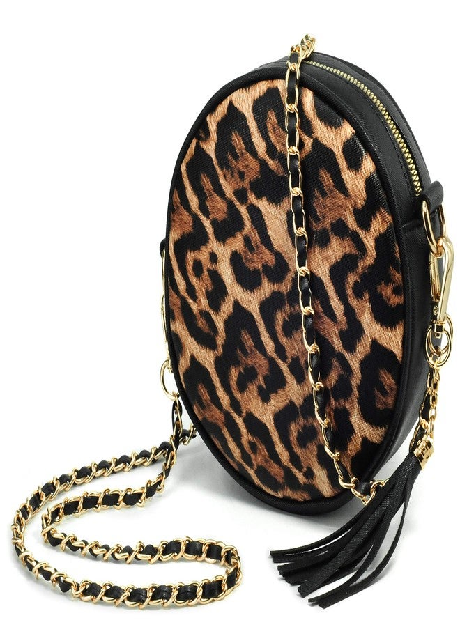 Hoxis Women Round Cross Body Bag Tassel Circle Purse Chain Shoulder Handbag Clutch Wristlet (Leopard) - Image 1