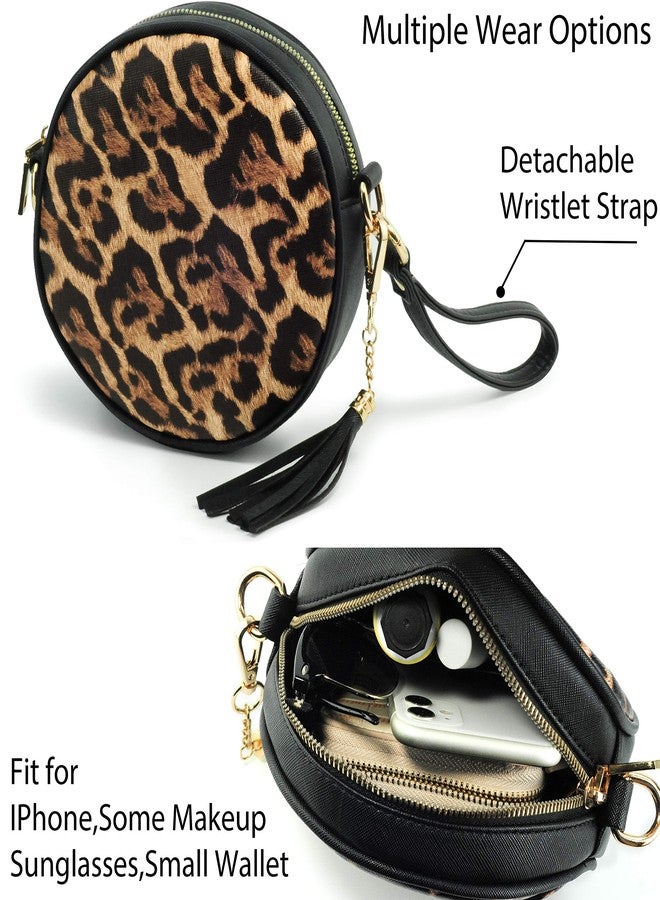 Hoxis Women Round Cross Body Bag Tassel Circle Purse Chain Shoulder Handbag Clutch Wristlet (Leopard) - Image 5