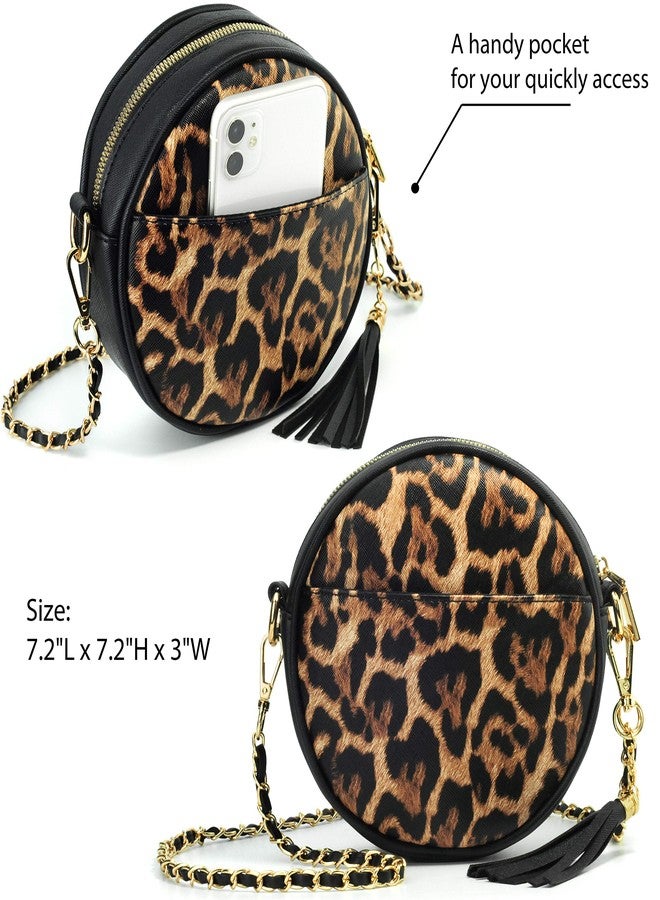 Hoxis Women Round Cross Body Bag Tassel Circle Purse Chain Shoulder Handbag Clutch Wristlet (Leopard) - Image 4